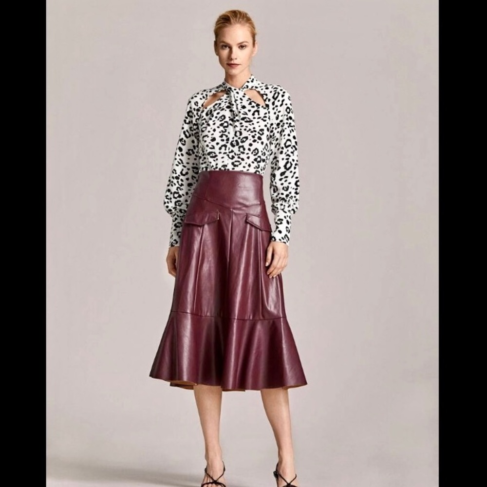 Burgundy Leather Ruffle Midi Skirt Size Med